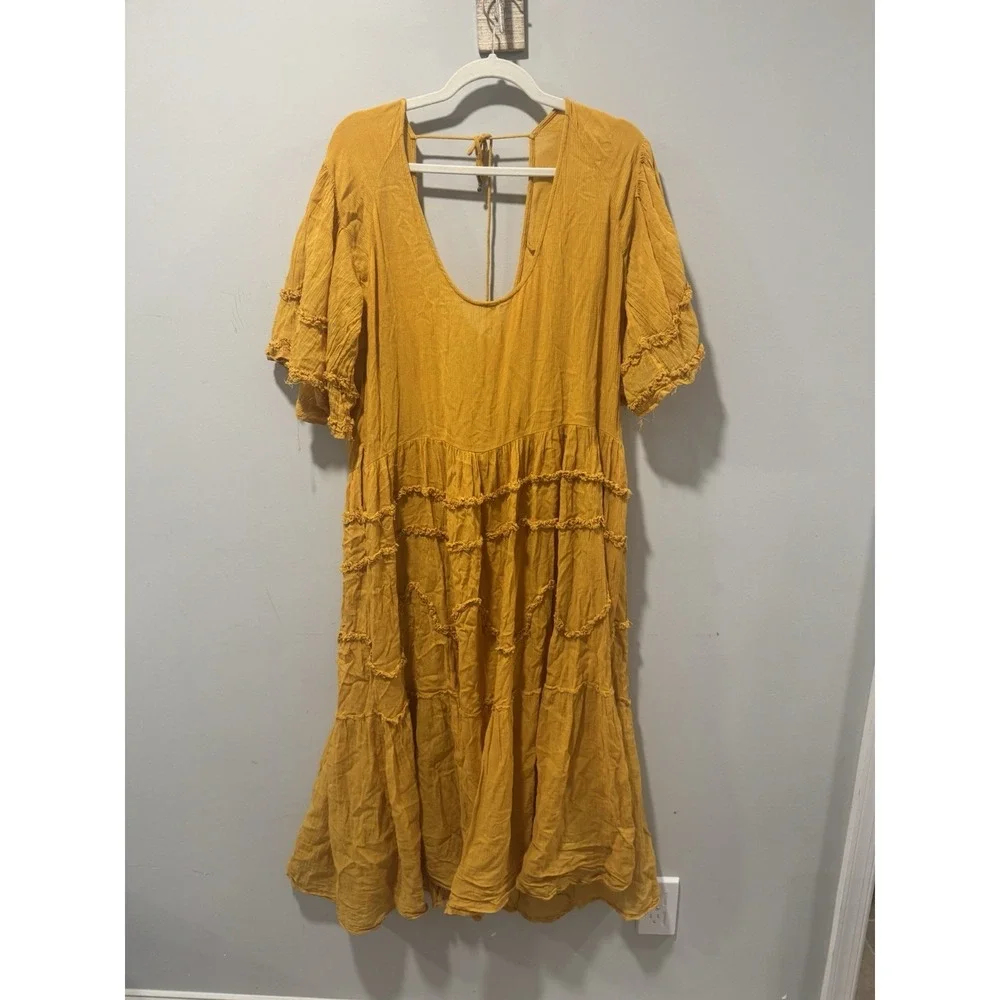 Free People Orianna Button Front Gold Yellow Midi Dress Size XS Oversized